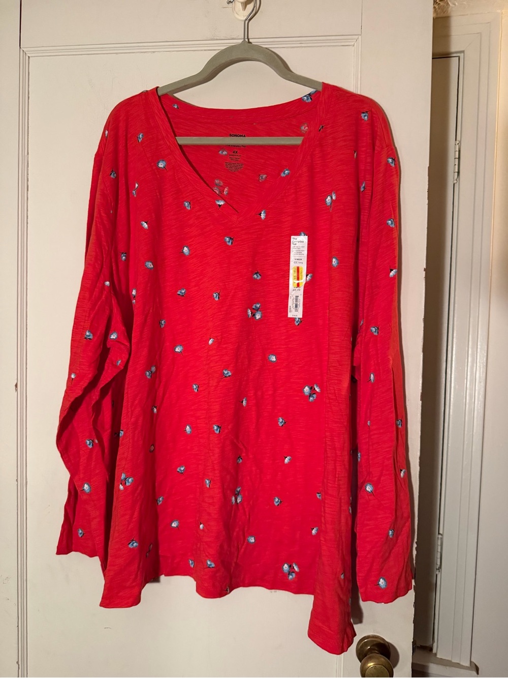 Sonoma Red V-Neck Long Sleeve Top with Small Blue Floral Accents